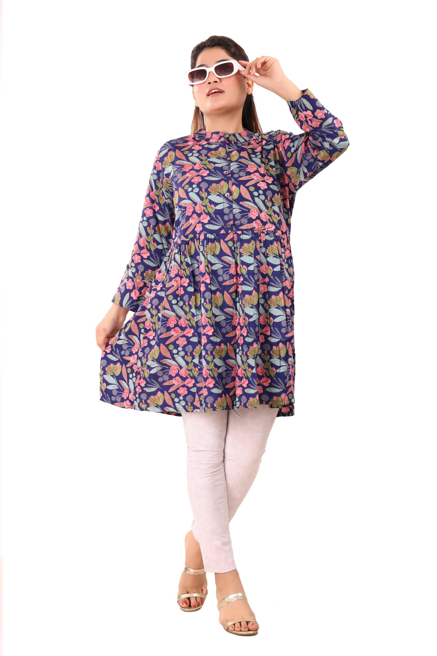 Floral Blue Printed Cotton Short Kurti