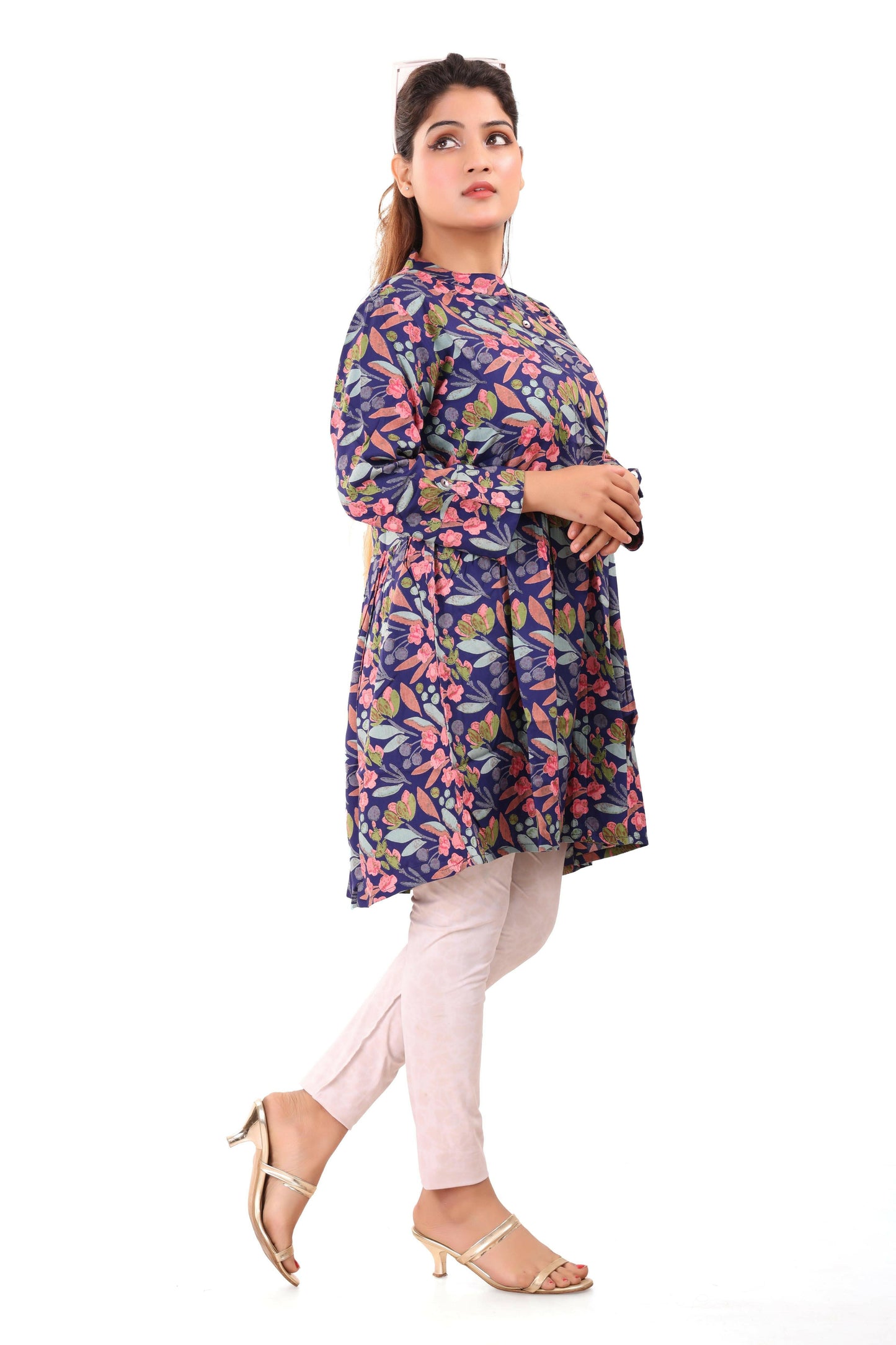 Floral Blue Printed Cotton Short Kurti