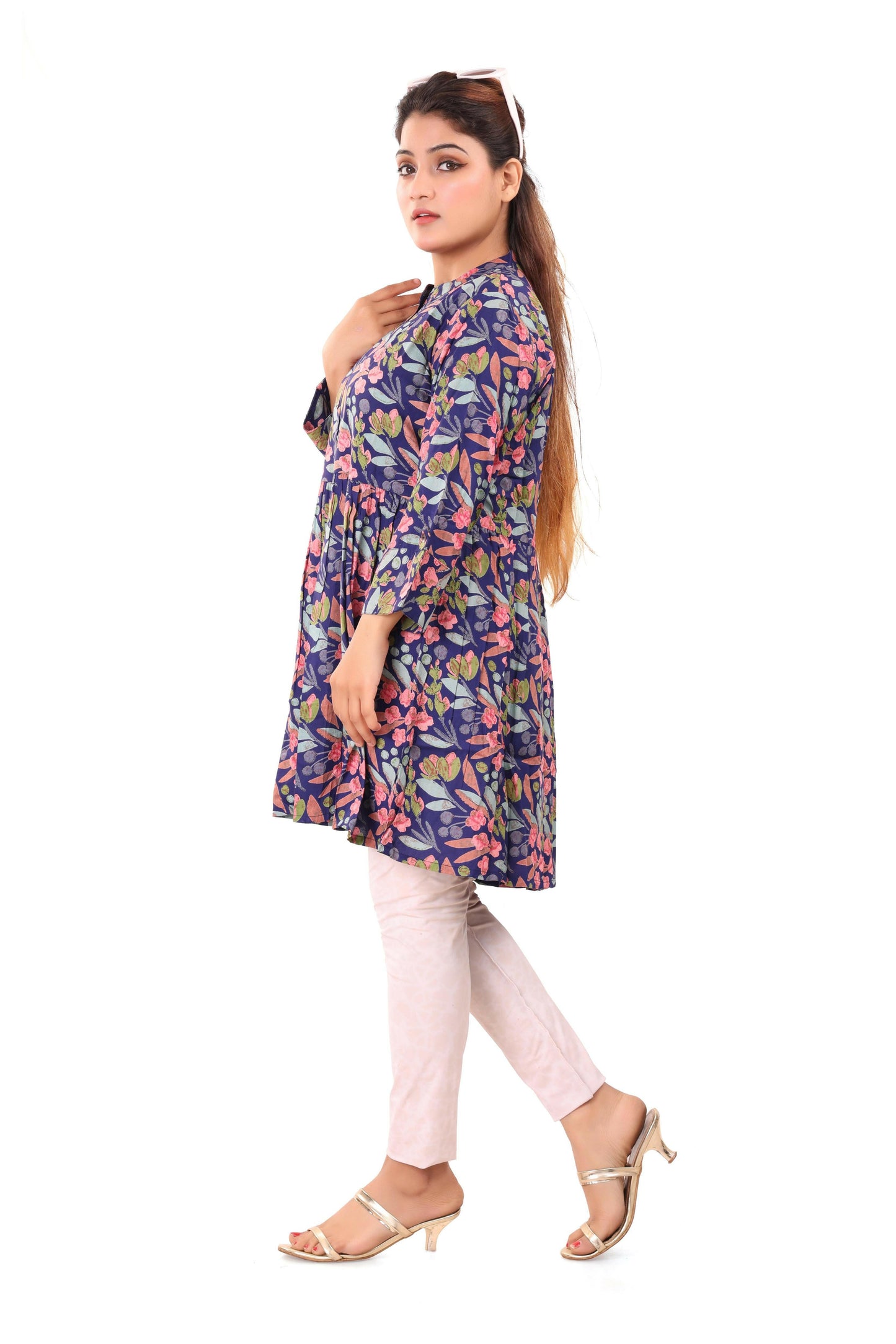 Floral Blue Printed Cotton Short Kurti