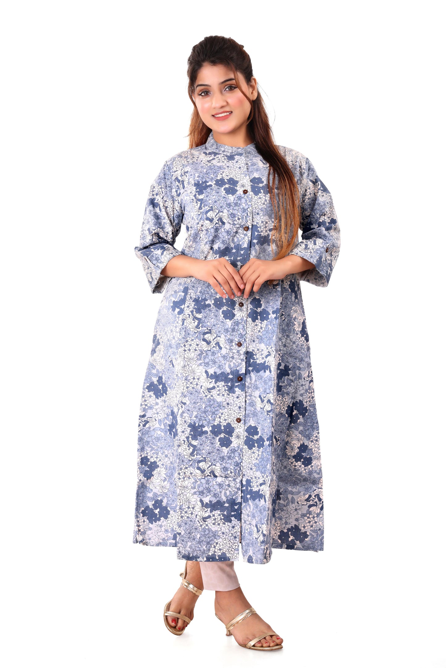 Blue Printed A-line Cotton Kurta