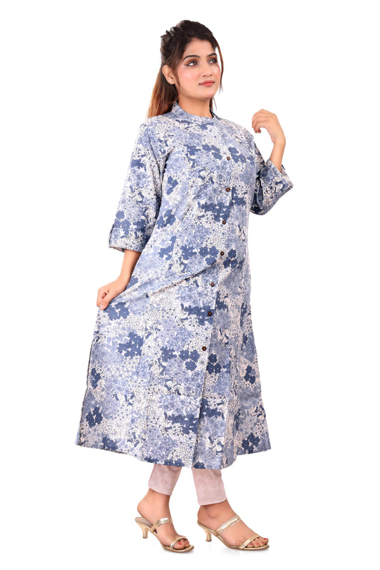 Blue Printed A-line Cotton Kurta