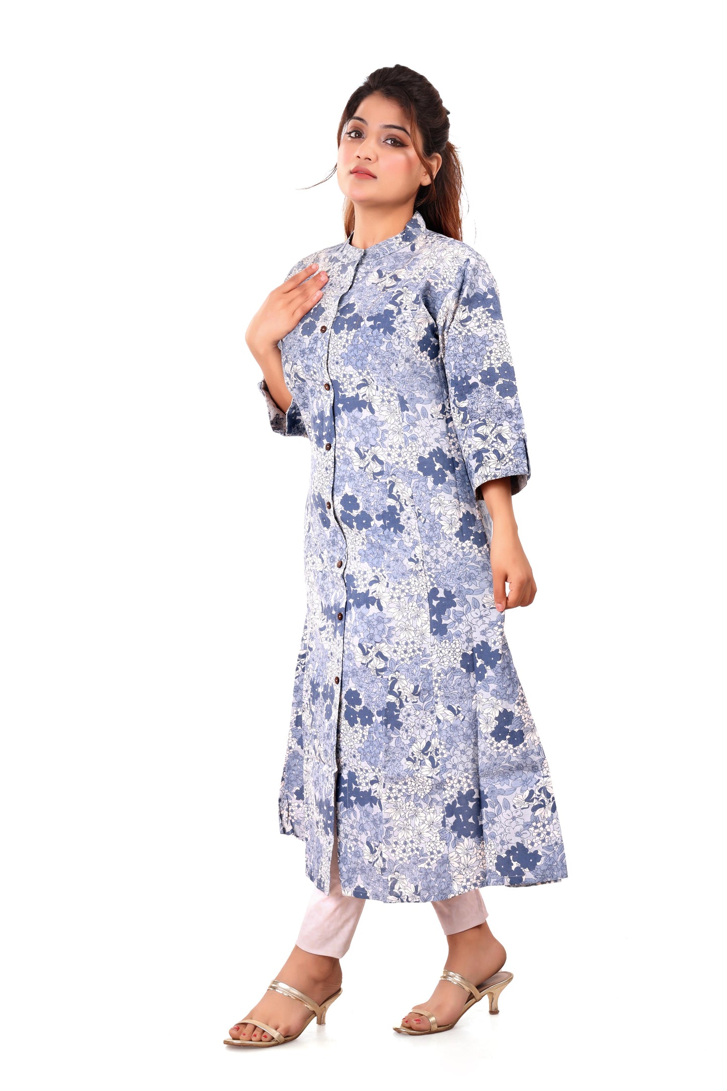 Blue Printed A-line Cotton Kurta