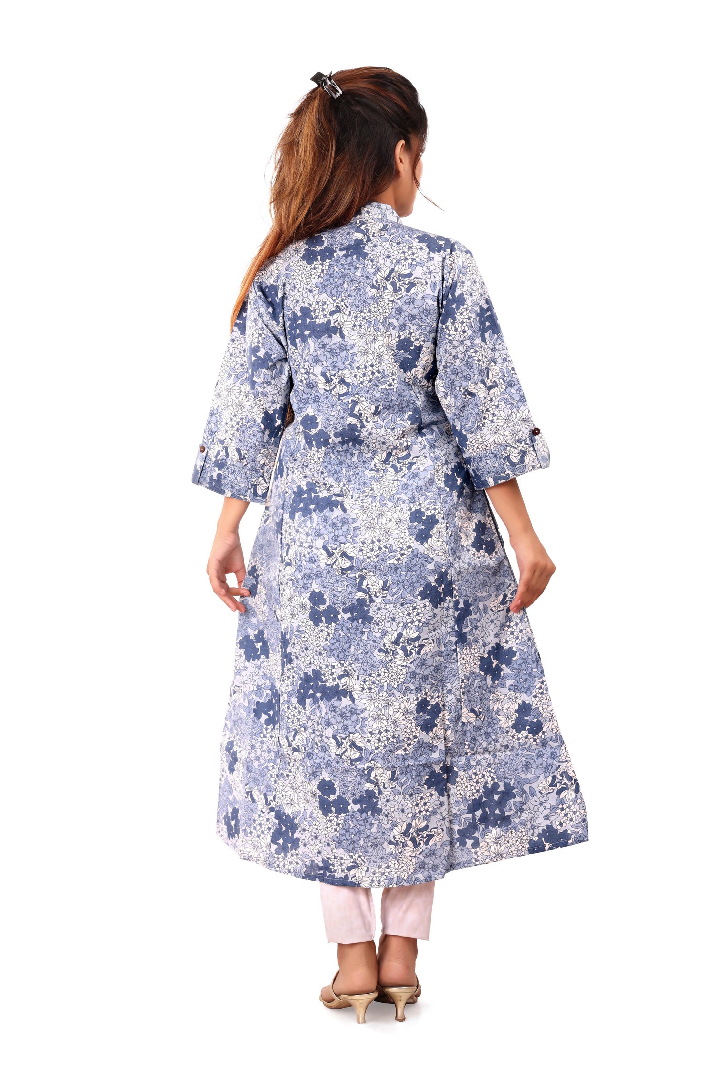 Blue Printed A-line Cotton Kurta