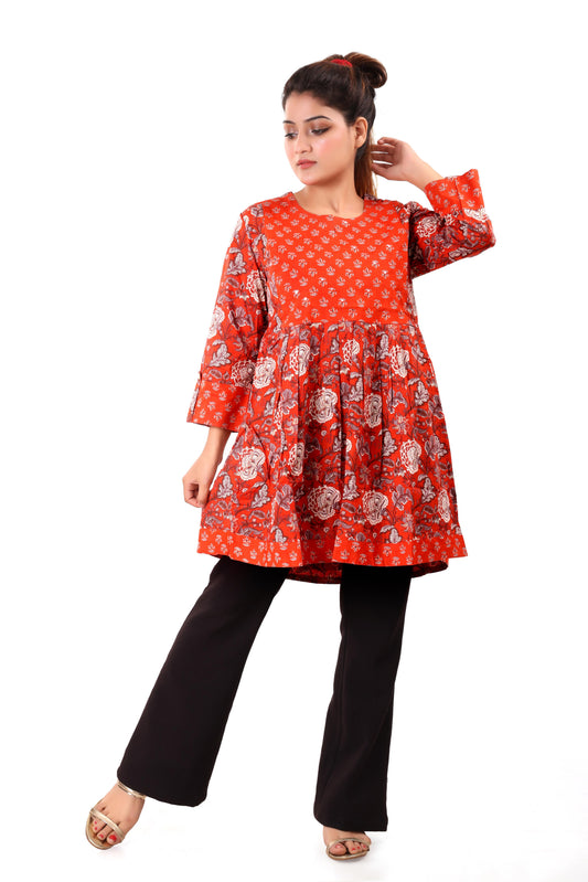 Orange Printed Short Cotton Kurti