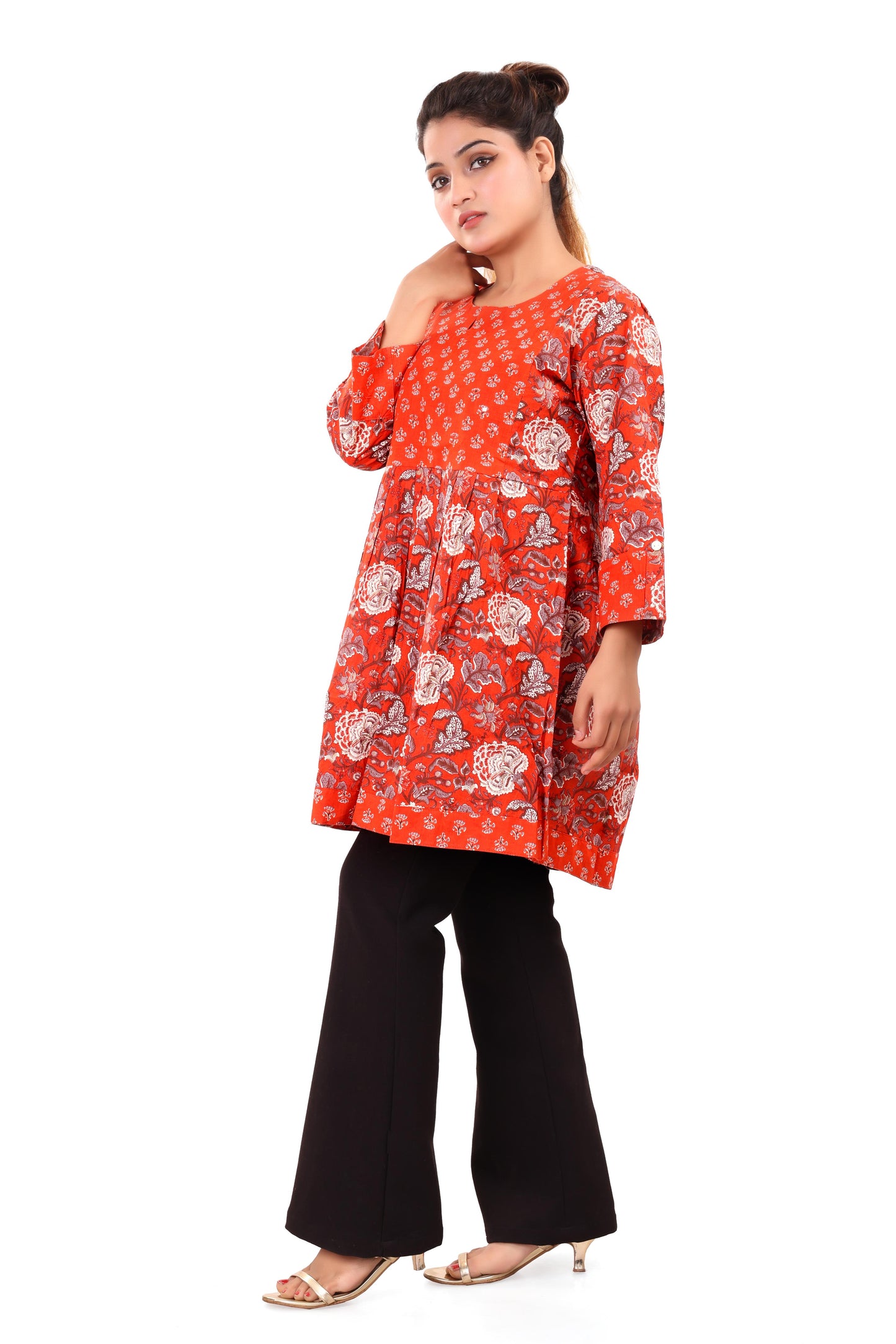 Orange Printed Short Cotton Kurti