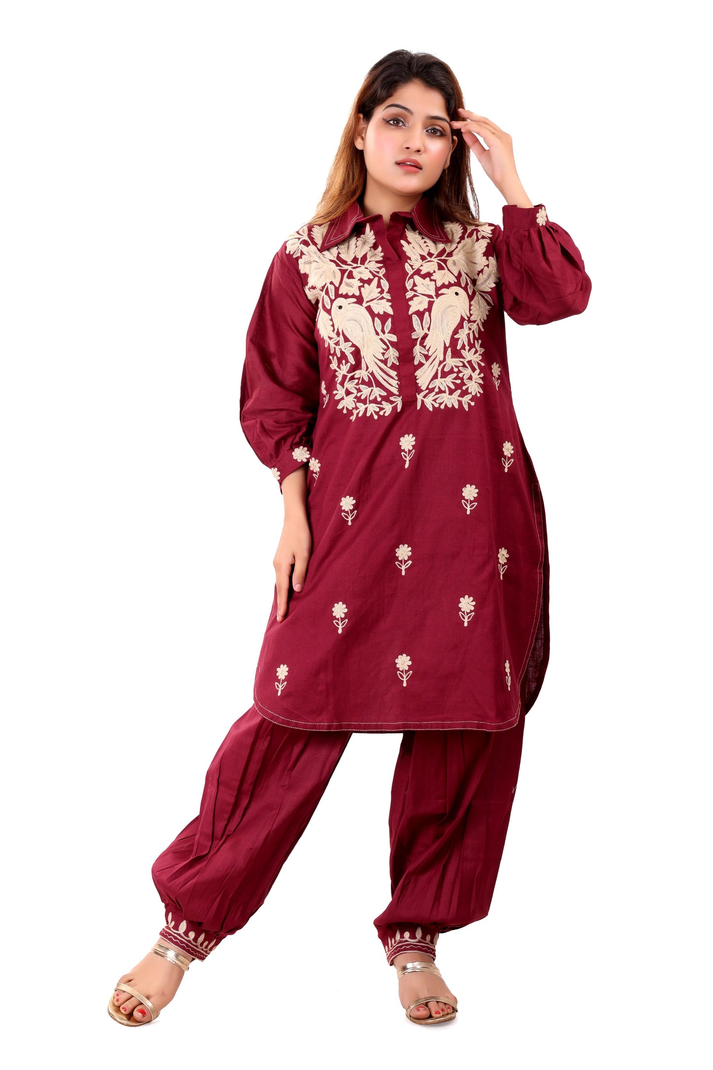 Red Afghani Embroidered Cotton Co-Ord Set