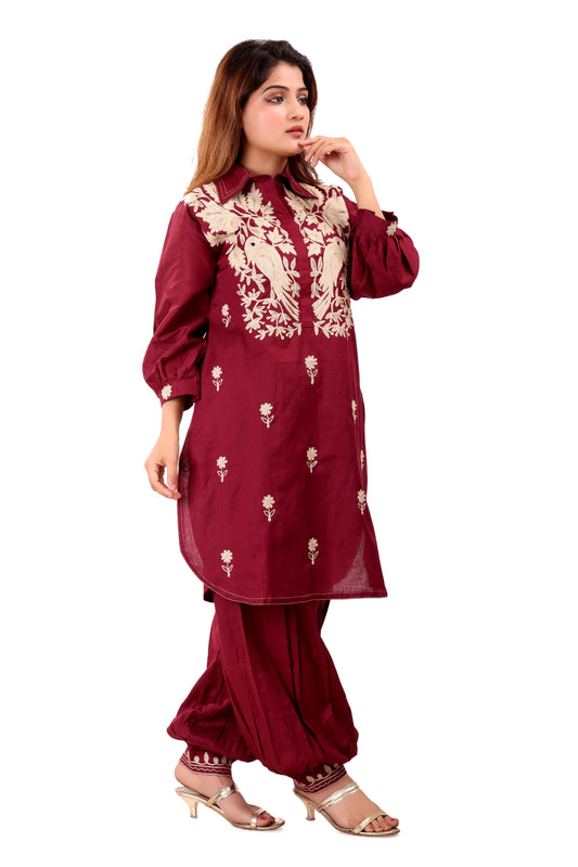 Red Afghani Embroidered Cotton Co-Ord Set