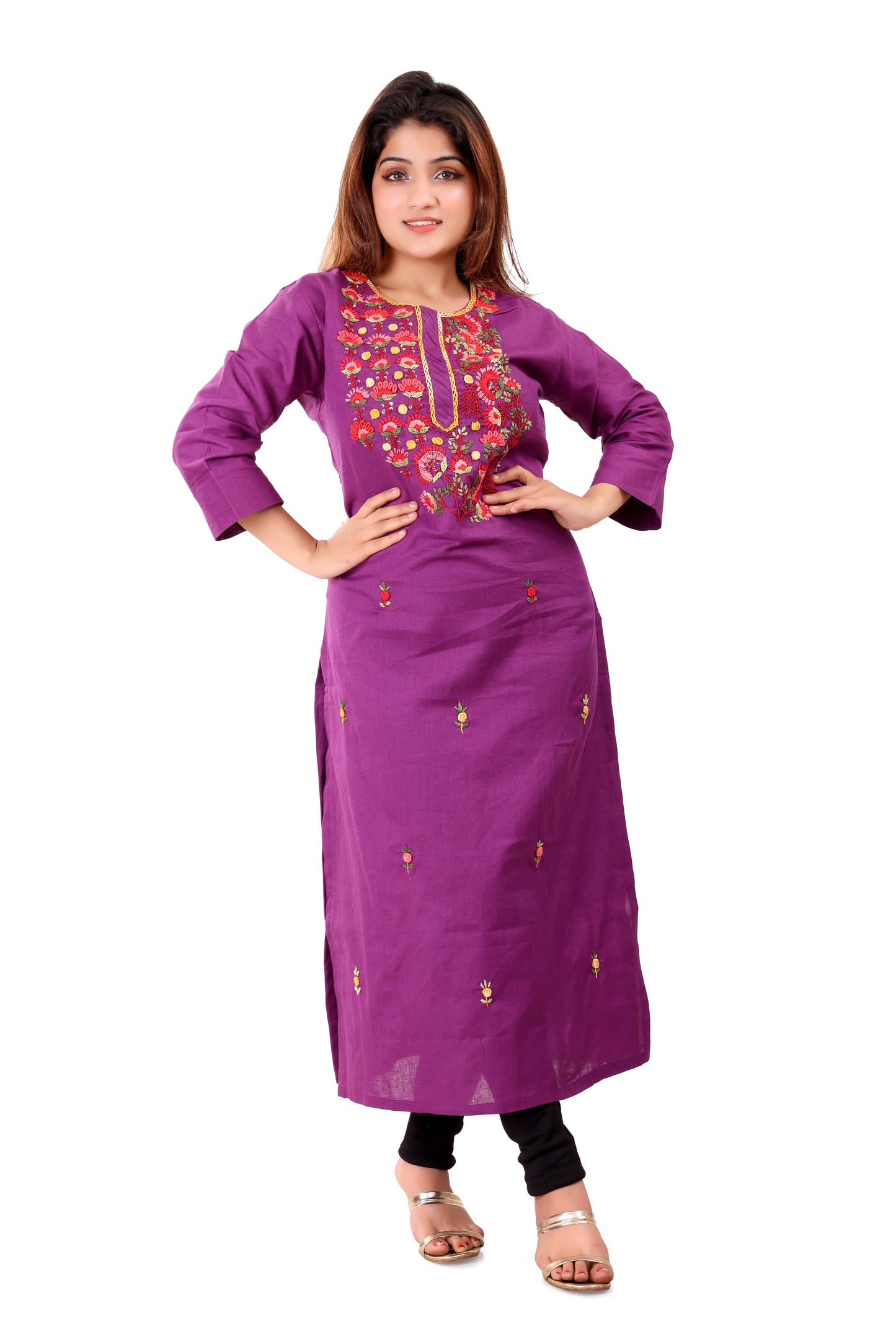 Purple Hand Embroidered Organic Cotton Kurta