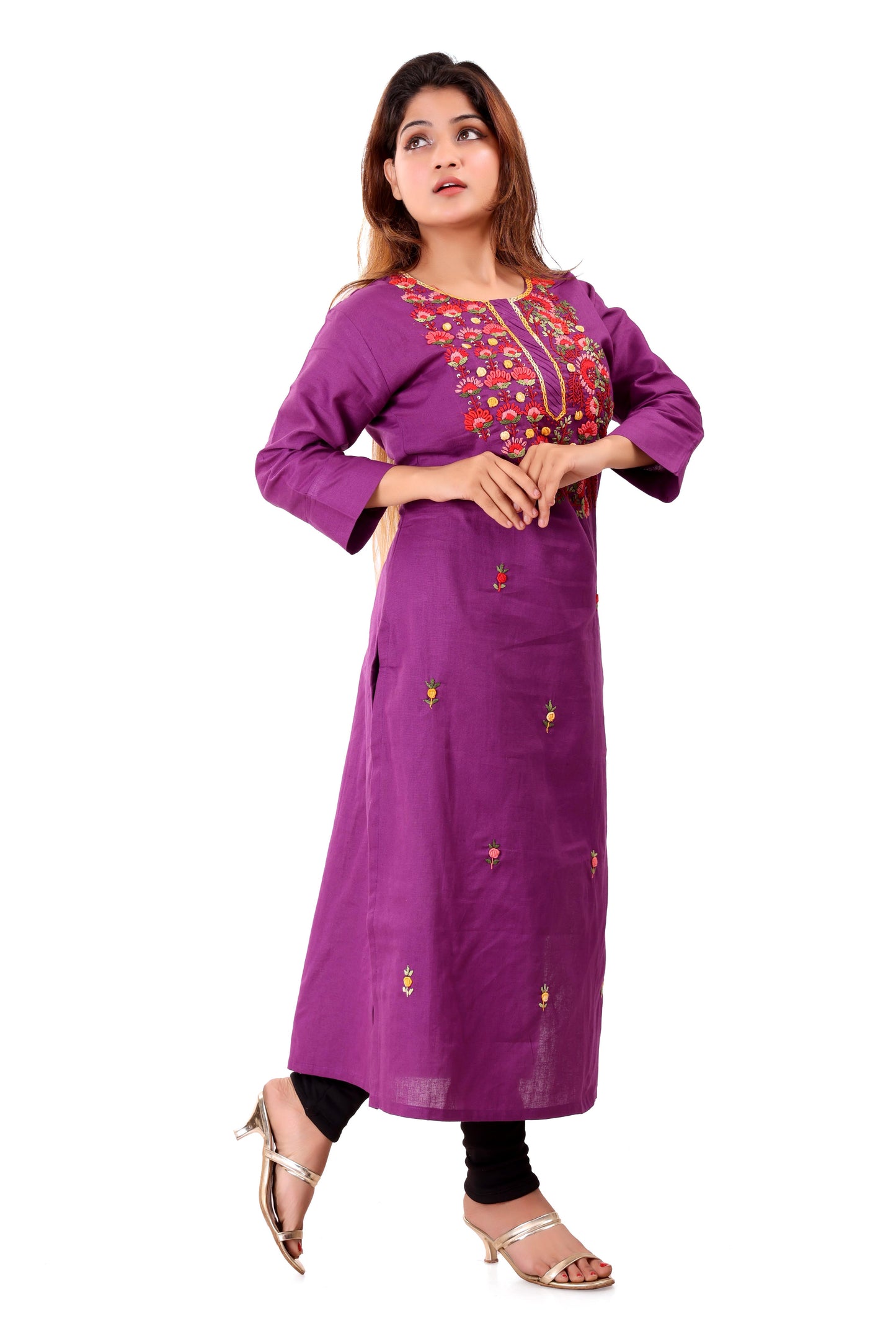 Purple Hand Embroidered Organic Cotton Kurta