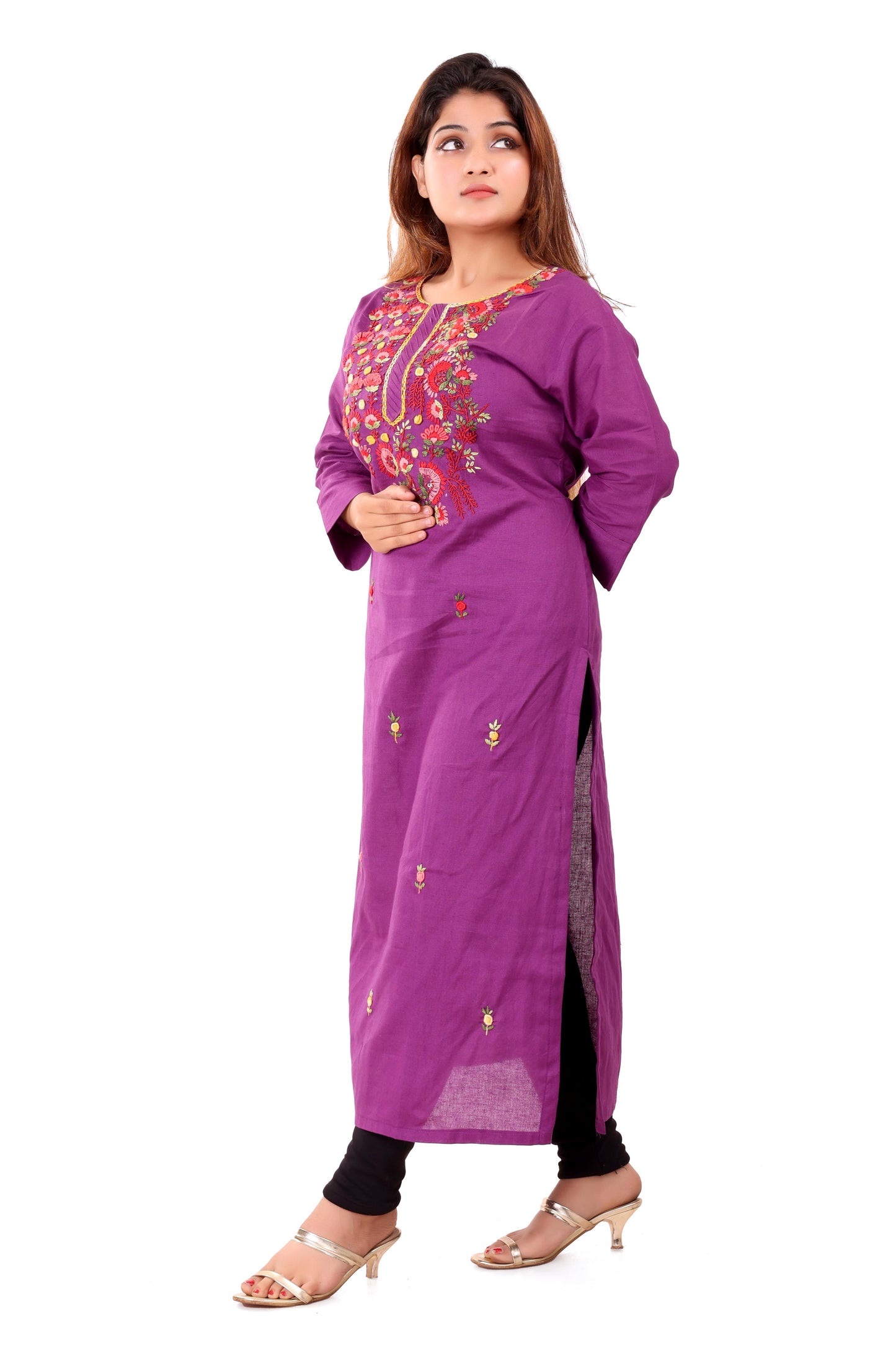 Purple Hand Embroidered Organic Cotton Kurta